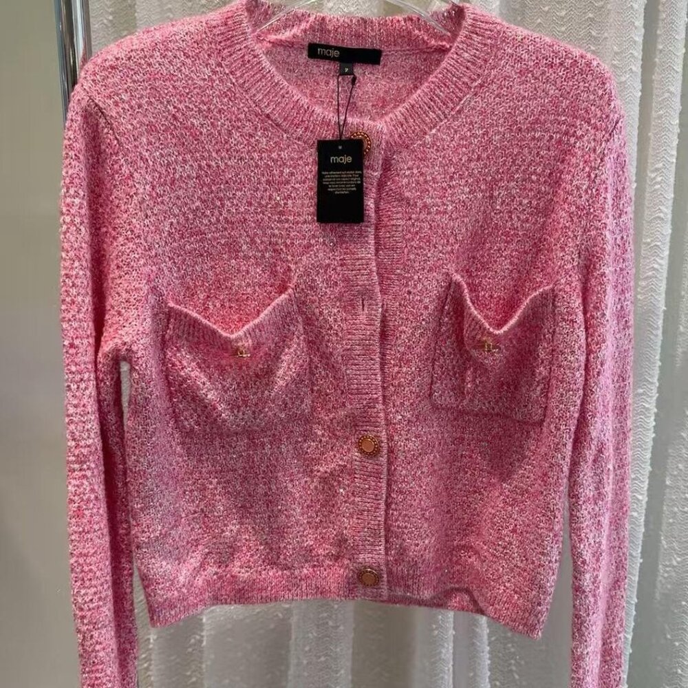 Maje 2022 Spring New Women's French Pink Knitted Cardigan